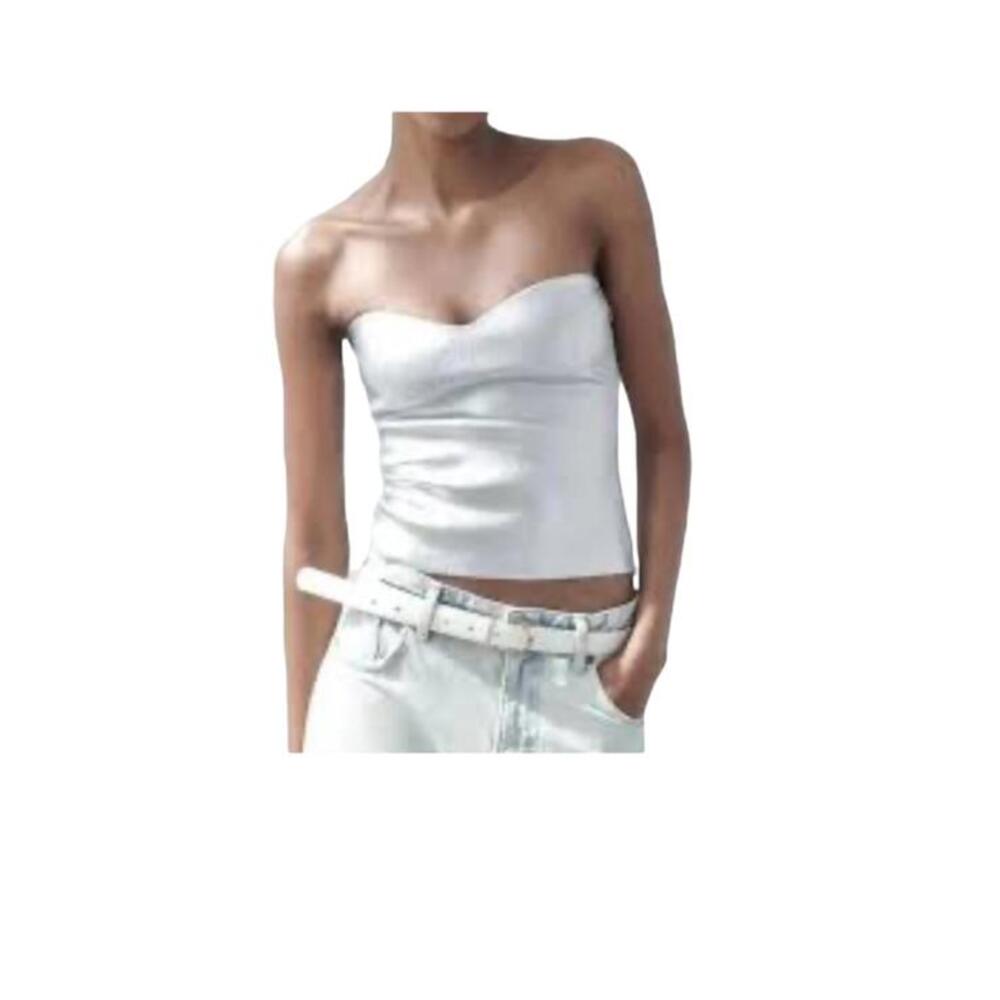 ZARA Metallic Silver Strapless Bustier Top Size M Side Zip Party Evening Wear
